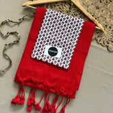 Red Handloom Khadi Cotton Saree With White Print Blouse